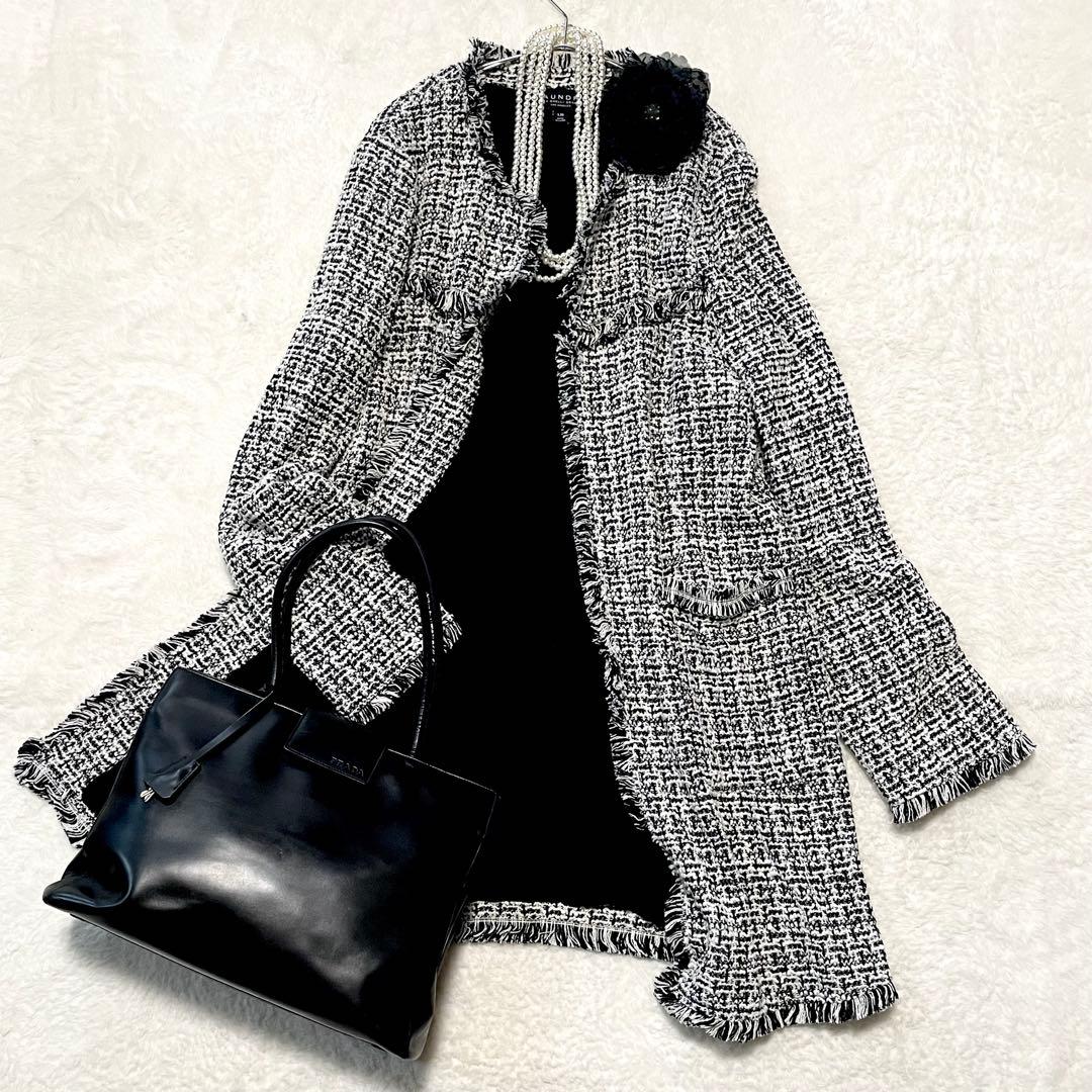 希少 UNDRY ツイード ノーカラーロングジャケット L セレモニー ゆったり