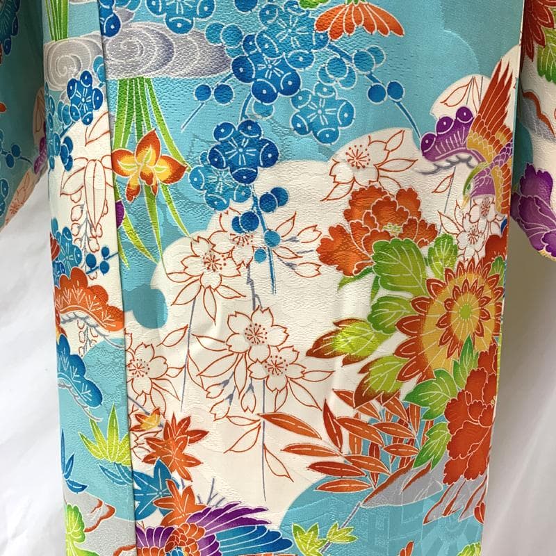 506ag41□七五三 七歳 女児 着物&袋帯 金彩 花文 水色□良好