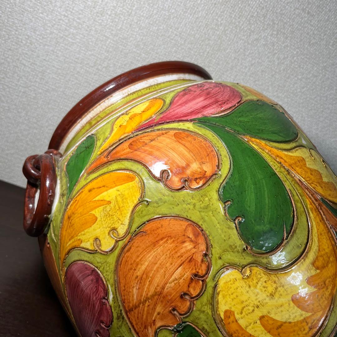 イタリア 傘立て 手彫り　テラコッタ　手描き アンティーク