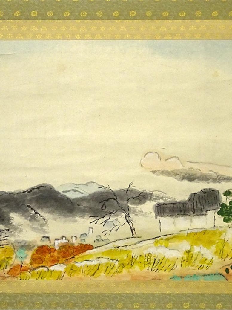 掛軸 嶋田正之『秋景山水図』日本画 紙本 肉筆 無地箱付 掛け軸 a07301
