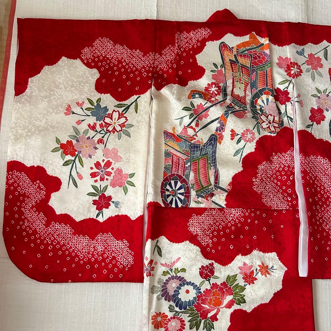 七五三 3歳 着物 753 絹 被布 ピンク 絞り 三歳 赤 刺繍 巾着