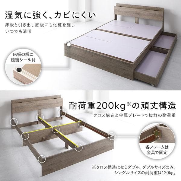 ベッド セミダブル ベッドフレームのみ グレージュ 宮付 収納ベッド