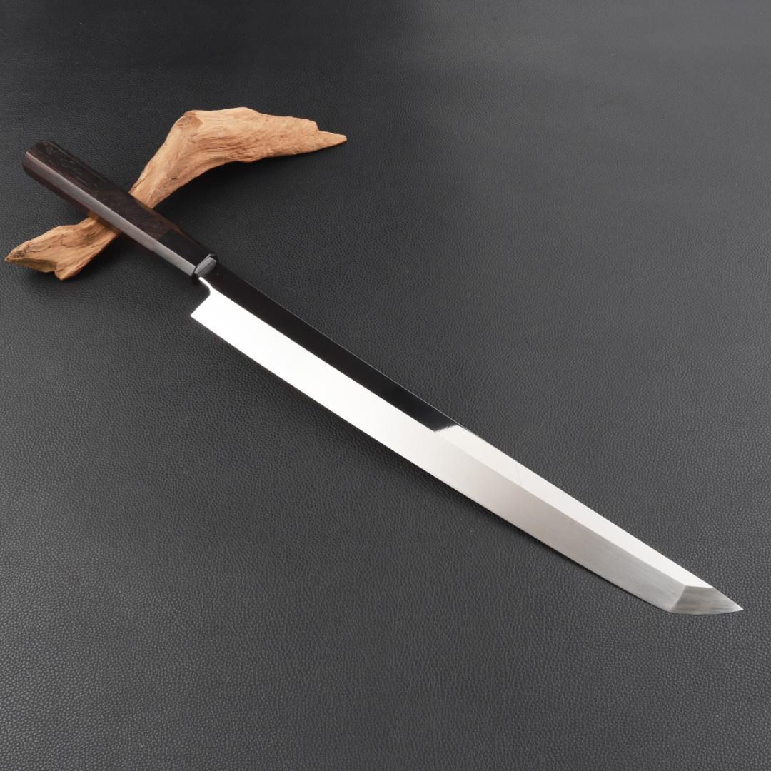 11095先丸柳刃包丁 尺三刺身包丁鏡面仕上げ 刃は究極の切れ味黒檀黒水牛八角柄
