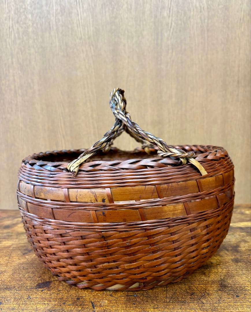 【約100年前／大正十三年】銘入り 竹編み 手提げ籠 竹細工師作 古民藝
