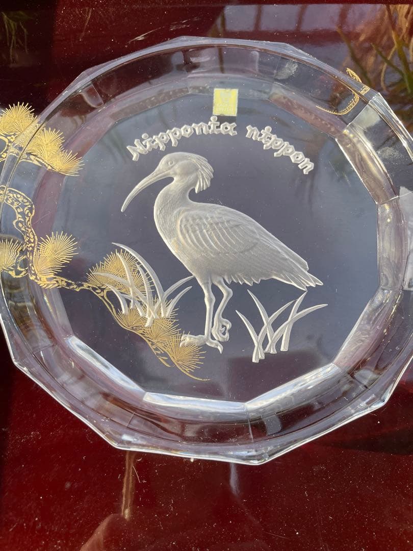 カガミクリスタル KAGAMI 飾り皿　贈答品 記念　クリスタル八角形皿 鶴彫刻